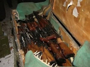 Russian AKM rifles in a crate