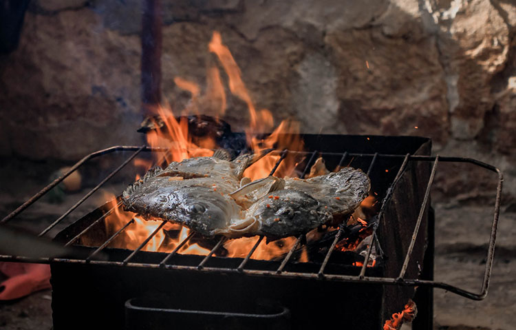 fish cooking over fire