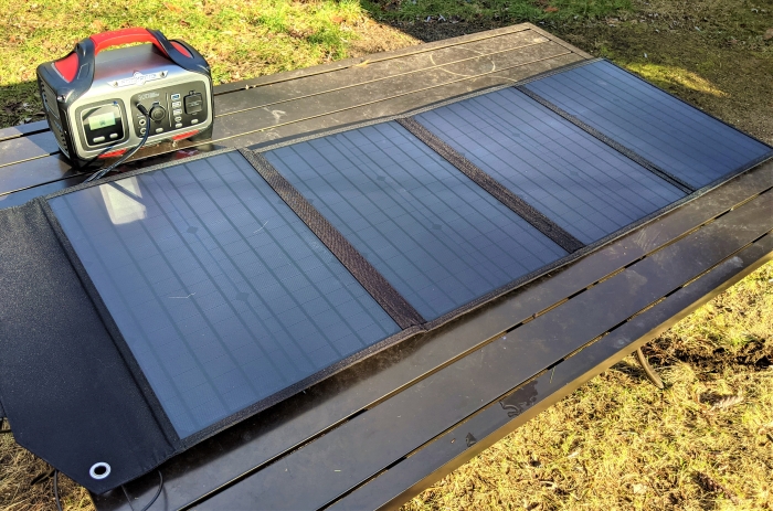 Rockpals portable power station charging via solar