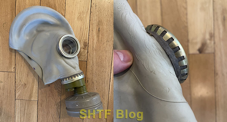 Soviet gas mask side view and crimped eyes