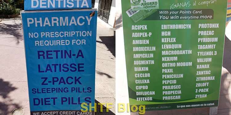 signs advertising over the counter antibiotics in Mexico