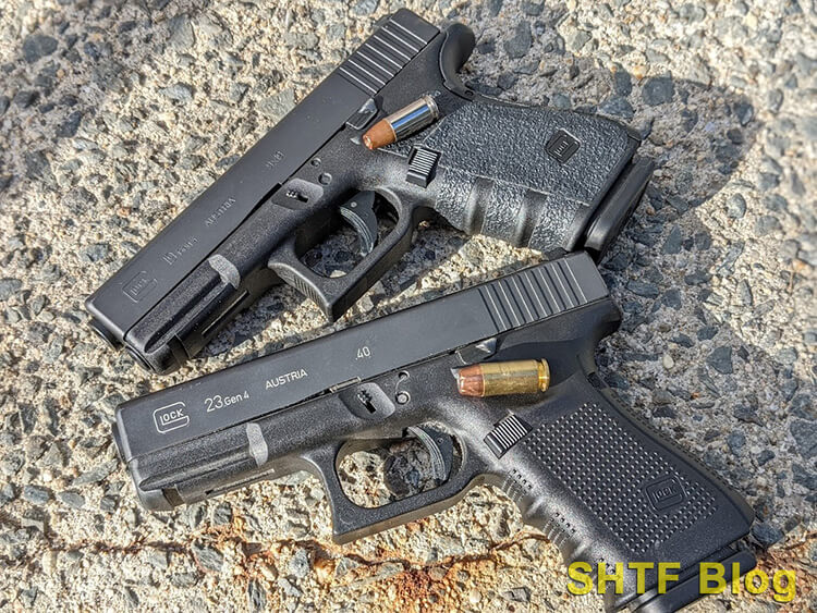 Gen4 Glock 19 in 9mm (top) and a Gen4 Glock 23 in .40 S&W