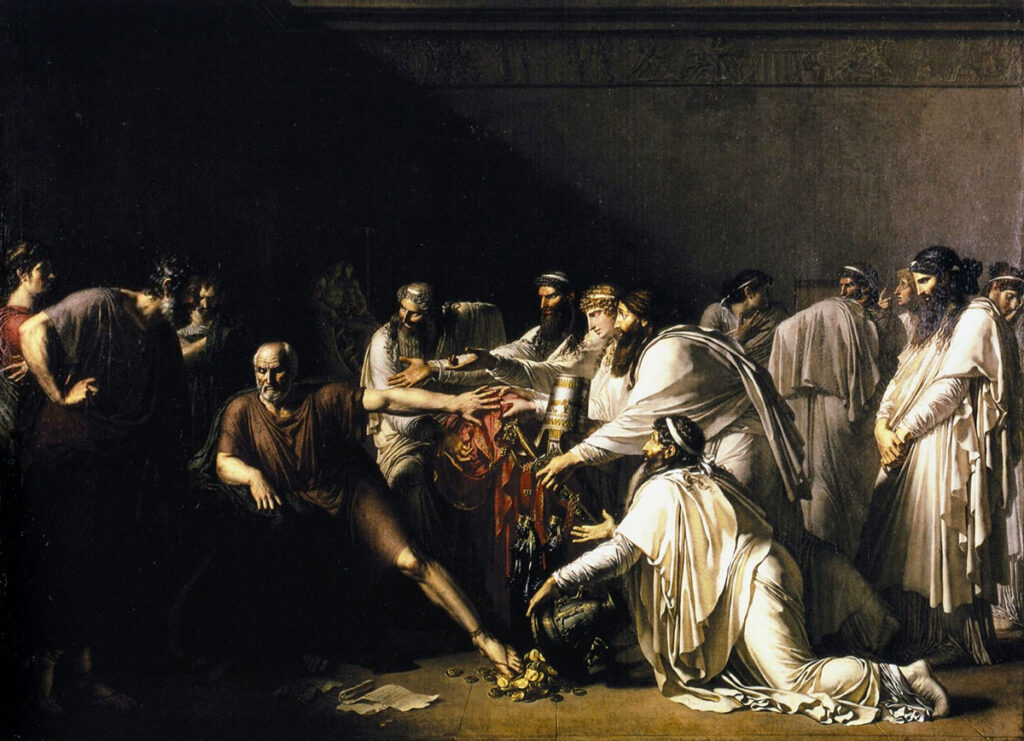 A classical painting depicts a scene of moral dilemma with figures in ancient attire, coins scattered on the ground, suggesting a bribe being offered or refused.