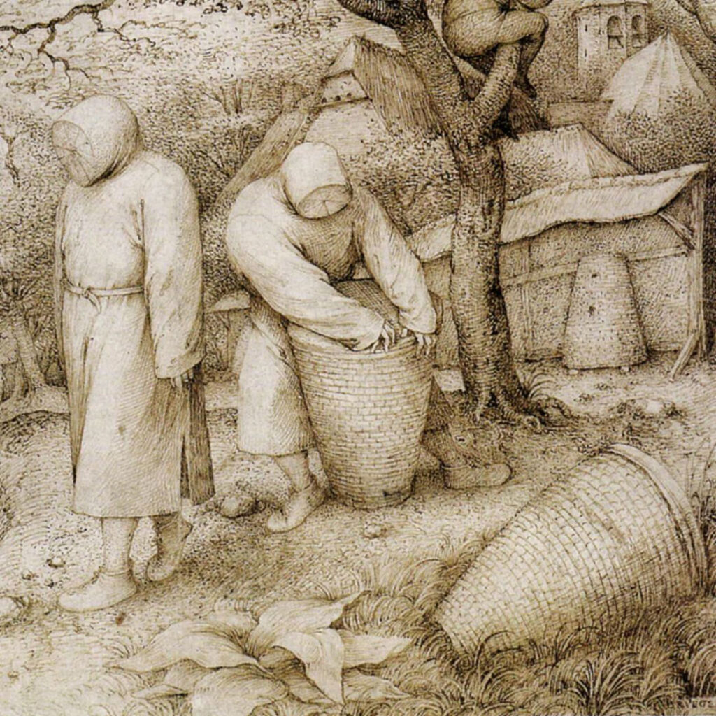 An etching of two robed figures, one inspecting a basket, in a pastoral scene with beehives and a tree, suggesting traditional beekeeping.