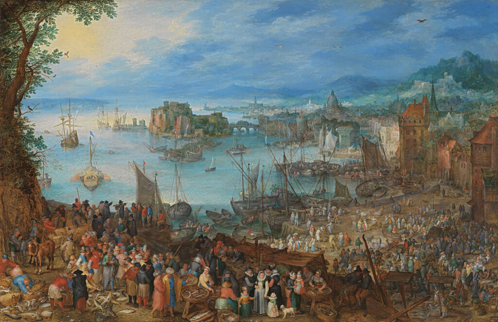 classic painting of a busy fishing port